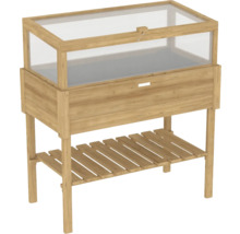 Houten plantenbak op poten met broeikasopzetstuk en plank