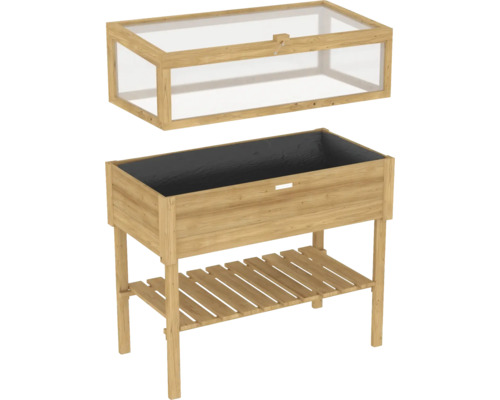 Houten plantenbak op poten met kweekbak en opbergplank