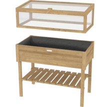 Houten plantenbak op poten met platte bak en opbergplank