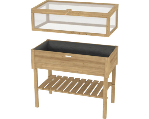 Houten plantenbak op poten met platte bak en opbergplank