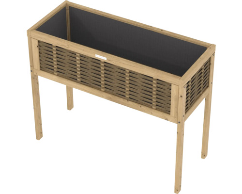 Houten plantenbak op poten met gevlochten zijwanden en plantfolie