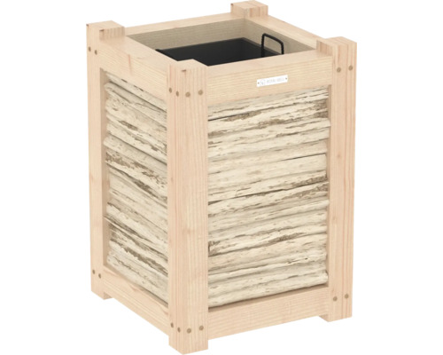 Houten plantenbak met schorsdecoratie