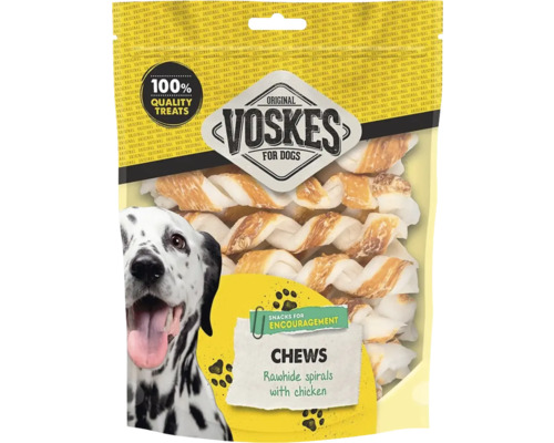 Voskes hondenkauwsnacks met kippensmaak in een verpakking met een dalmatiër