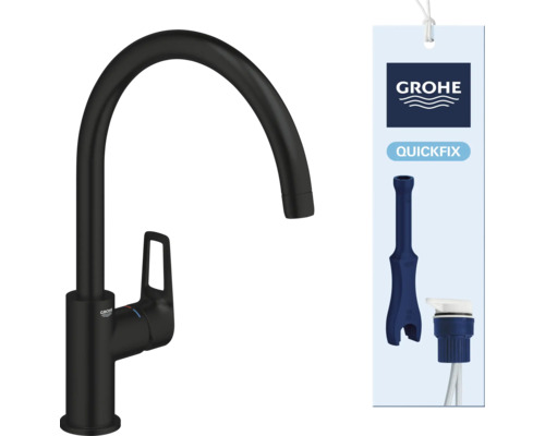 Zwarte keukenkraan met hoge uitloop en Grohe Logo