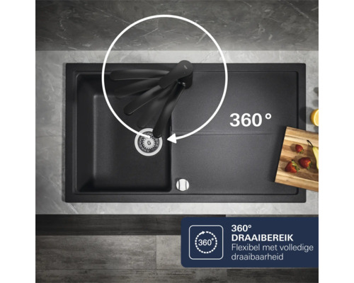 Spoelbak met 360 graden draaibereik van de kraan