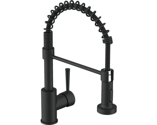 Zwarte keukenkraan met spiraalvormige uitloop