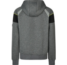 Grijze hoodie van achteren met reflecterende strepen en zwarte inzetstukken.