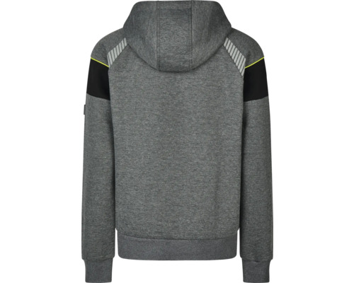 Grijze hoodie van achteren met reflecterende strepen en zwarte inzetstukken.