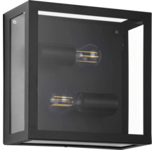 Wandlamp met twee lampen in een zwarte, rechthoekige lijst.