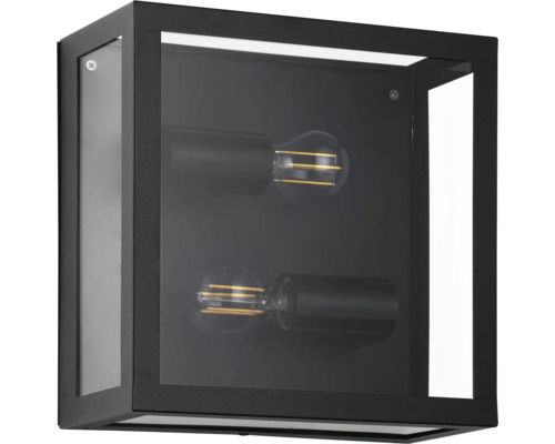 Wandlamp met twee lampen in een zwarte, rechthoekige lijst.