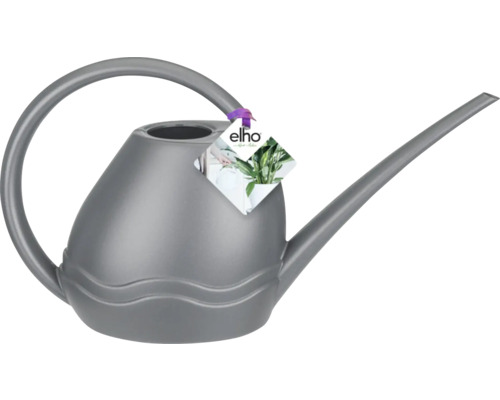 Grijze kunststof gieter met gebogen handvat en schenktuit