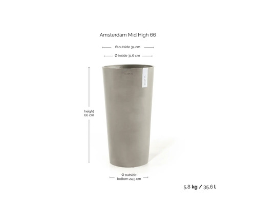 Grijze Ecopots Amsterdam Mid High 66 bloempot: hoogte 66 centimeter, diameter 34 centimeter, gewicht 5,8 kilogram, inhoud 35,6 liter.