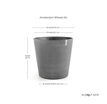 Grijze plantenbak Amsterdam Wheels 60 met afmetingen: hoogte 56 centimeter, buitendiameter 60 centimeter, inhoud 100 liter.