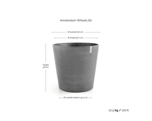 Grijze plantenbak Amsterdam Wheels 60 met afmetingen: hoogte 56 centimeter, buitendiameter 60 centimeter, inhoud 100 liter.