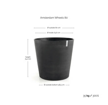 Amsterdam Wheels 80 plantenbak: hoogte 74,2 centimeter, buitendiameter 80 centimeter, gewicht 35 kilogram, inhoud 300 liter.