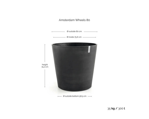 Amsterdam Wheels 80 plantenbak: hoogte 74,2 centimeter, buitendiameter 80 centimeter, gewicht 35 kilogram, inhoud 300 liter.