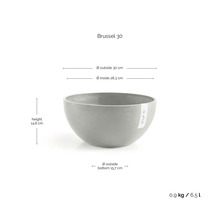Ecopots Brussel 30 plantenschaal met afmetingen: buitendiameter 30 centimeter, binnendiameter 28,3 centimeter, hoogte 14,8 centimeter.