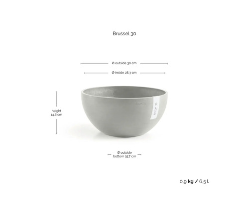 Ecopots Brussel 30 plantenschaal met afmetingen: buitendiameter 30 centimeter, binnendiameter 28,3 centimeter, hoogte 14,8 centimeter.