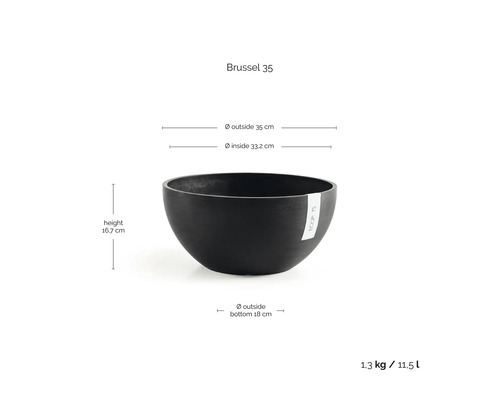 Zwarte plantenschaal Brussel 35 met afmetingen: hoogte 16,7 centimeter, buitendiameter 35 centimeter, inhoud 11,5 liter.