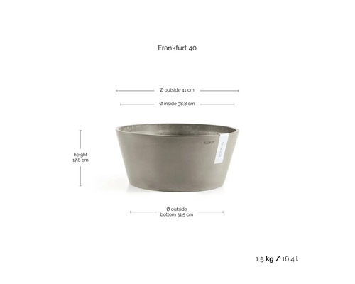 Grijze Ecopots Frankfurt 40 plantenschaal van kunststof, hoogte 17,8 centimeter, buitendiameter 41 centimeter, inhoud 16,4 liter.