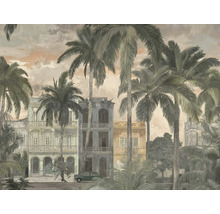 Vliesbehang met een afbeelding van tropische palmbomen voor historische gebouwen en een oldtimer in Havana-stijl.
