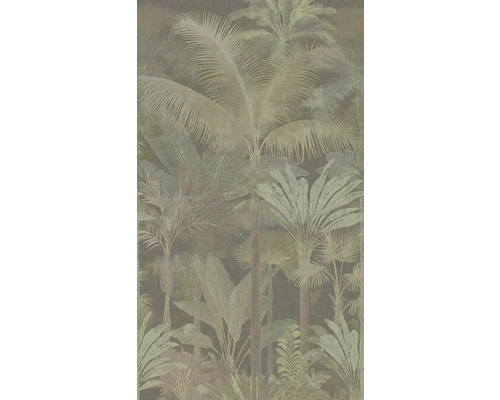 Behang met tropisch patroon van palmbomen en oerwoudbladeren.