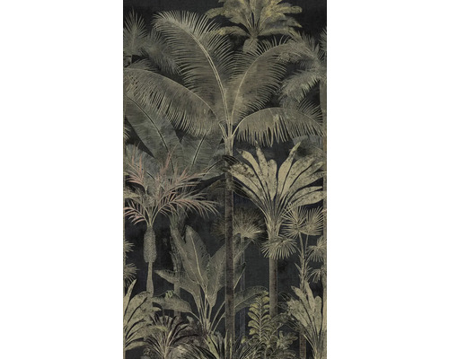 Behang met tropisch oerwoudmotief, diverse palmbomen en grote bladeren in vintage stijl.