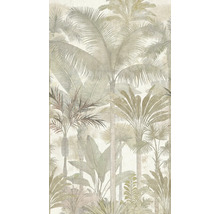 Behang met tropisch jungle-motief van verschillende palmbomen en exotische planten in een gedetailleerde grafische stijl.