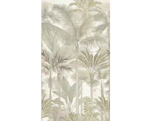 Behang met tropisch jungle-motief van verschillende palmbomen en exotische planten in een gedetailleerde grafische stijl.