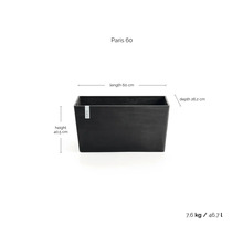 Rechthoekige plantenbak Paris 60, lengte 60 centimeter, hoogte 40,5 centimeter, diepte 26,2 centimeter, gewicht 7,6 kilogram, inhoud 46,7 liter.