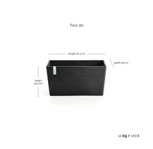 Ecopots plantenbak Paris 80: lengte 80,3 centimeter, hoogte 40,5 centimeter, diepte 38 centimeter, gewicht 12 kilogram, inhoud 100 liter.