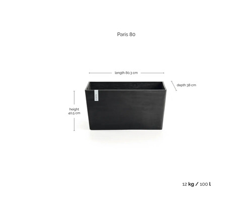 Ecopots plantenbak Paris 80: lengte 80,3 centimeter, hoogte 40,5 centimeter, diepte 38 centimeter, gewicht 12 kilogram, inhoud 100 liter.