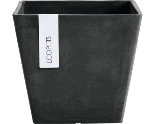 Vierkante ECOPOTS bloempot van gerecycled kunststof in donkergrijs.