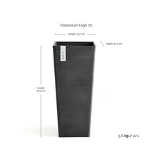 Bloempot Rotterdam High 70, vierkant, hoog, maten 32,7 bij 32,7 bij 70,5 centimeter, inhoud 42 liter, gewicht 5,6 kilogram, Ecopots logo.