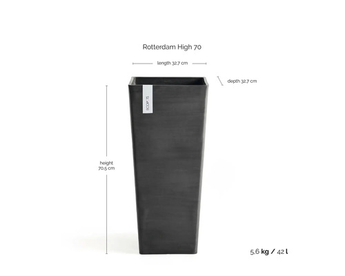 Bloempot Rotterdam High 70, vierkant, hoog, maten 32,7 bij 32,7 bij 70,5 centimeter, inhoud 42 liter, gewicht 5,6 kilogram, Ecopots logo.