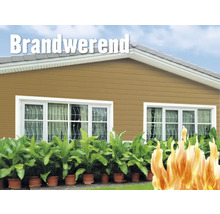 Gevel met het woord 'Brandwerend' en gesimuleerde vlammen, die de brandwerendheid aangeven