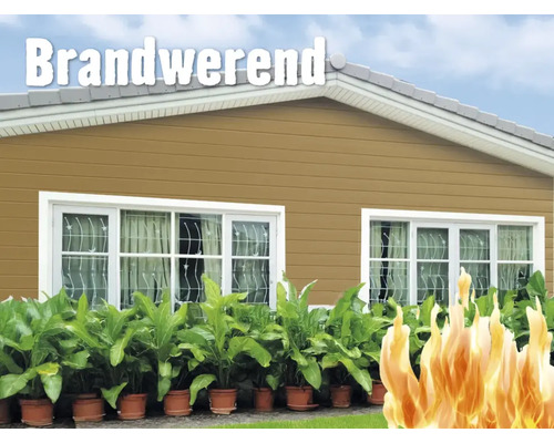 Gevel met het woord 'Brandwerend' en gesimuleerde vlammen, die de brandwerendheid aangeven
