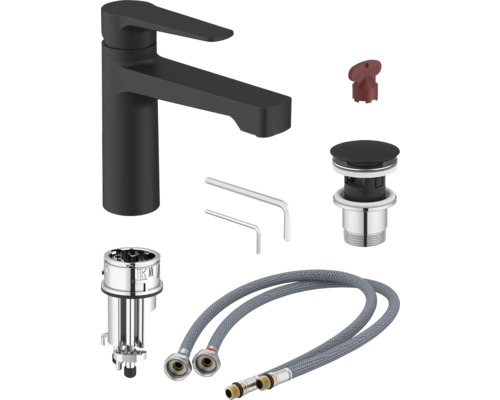 Wastafelkraan in het zwart met accessoires
