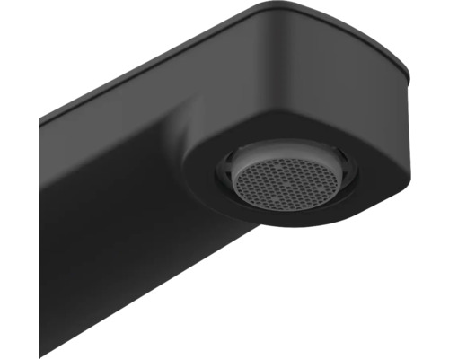 Close-up van een zwarte kraankop met ronde perlator