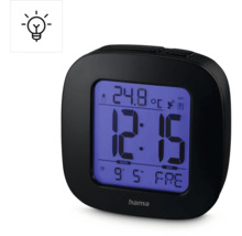 Digitale radiografische wekker met weergave van temperatuur, datum en tijd