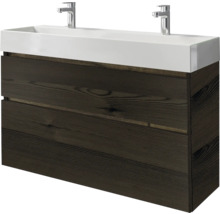 Wastafelmeubel met houten onderkast en twee kranen