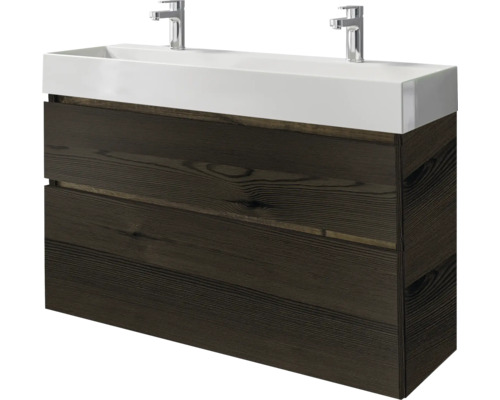 Wastafelmeubel met houten onderkast en twee kranen