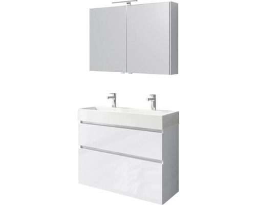 Wastafelonderkast met twee laden, dubbele wastafel en spiegelkast met verlichting