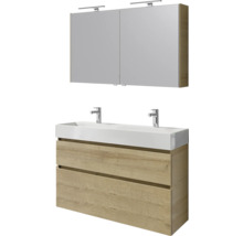 Badkamer wastafelmeubel met twee laden, opzetwastafel en spiegelkast met verlichting