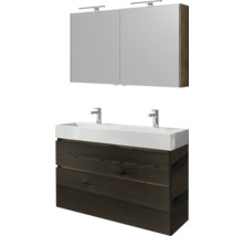Dubbele wastafel met spiegelkast en twee kranen voor de badkamer