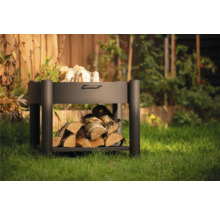 Metalen brandhoutrek met brandhout in de tuin