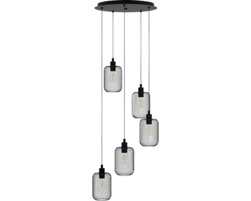 Hanglamp met vijf lampen en draadlampenkappen