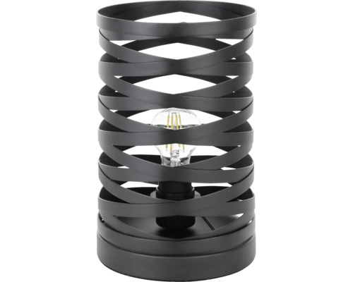 Decoratieve tafellamp met een gedraaide lampenkap en een heldere gloeilamp.