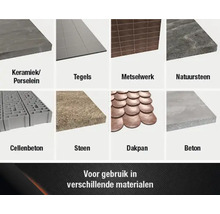 Productoverzicht van verschillende materialen: keramiek, porselein, tegels, metselwerk, natuursteen, cellenbeton, steen, dakpan, beton