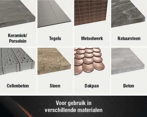Productoverzicht van diverse bouwmaterialen zoals keramiek, tegels, metselwerk, natuursteen, cellenbeton, steen, dakpan en beton.